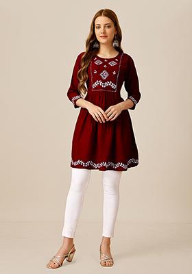 Maroon Resham Embroidered Rayon Kurta