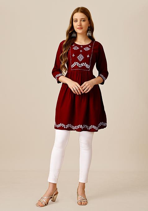 Maroon Resham Embroidered Rayon Kurta