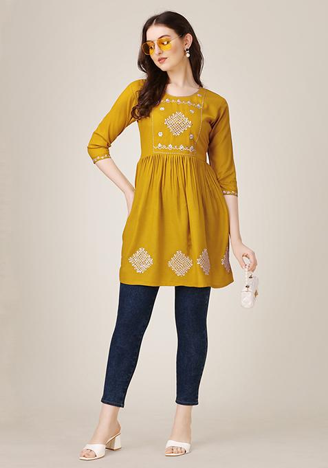 Mustard Resham Embroidered Rayon Kurta