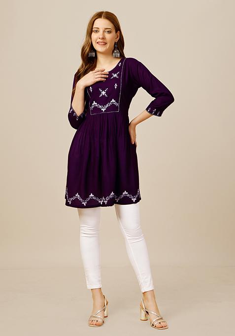 Purple Resham Embroidered Rayon Kurta