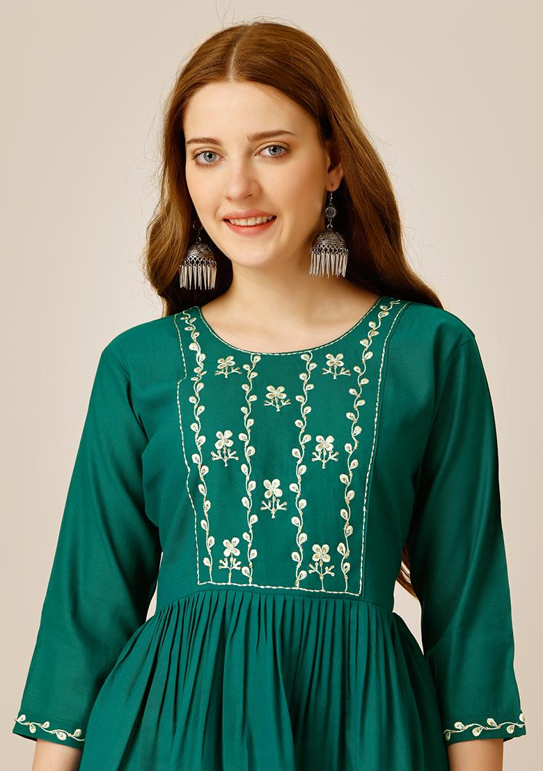 Green Resham Embroidered Rayon Kurta - Indya