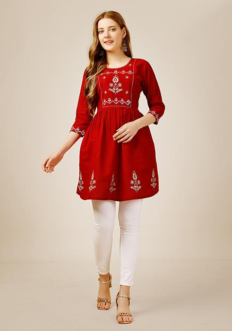 Red Resham Embroidered Rayon Kurta