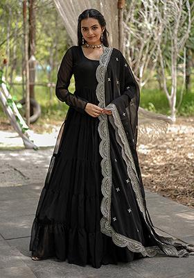 Black Sequin Embroidered Georgette Gown With Dupatta