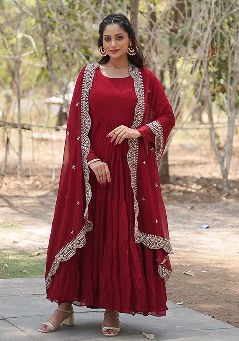 Maroon Sequin Embroidered Georgette Gown With Dupatta