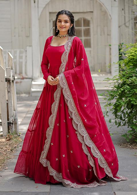 Pink Sequin Embroidered Georgette Gown With Dupatta