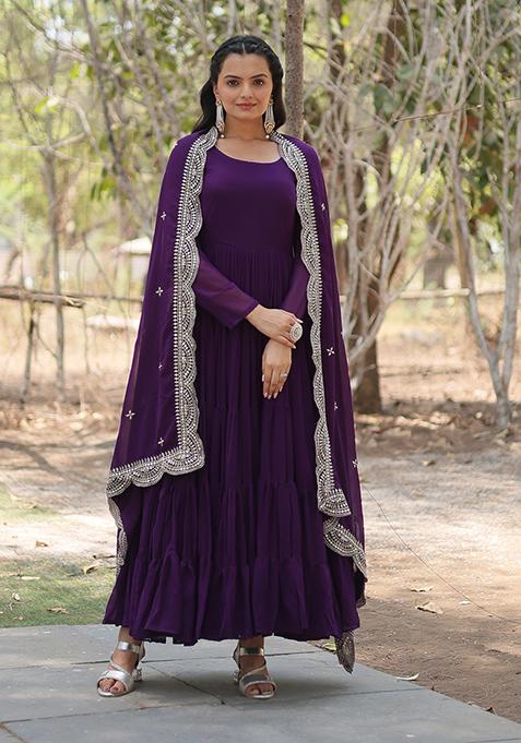 Purple Sequin Embroidered Georgette Gown With Dupatta