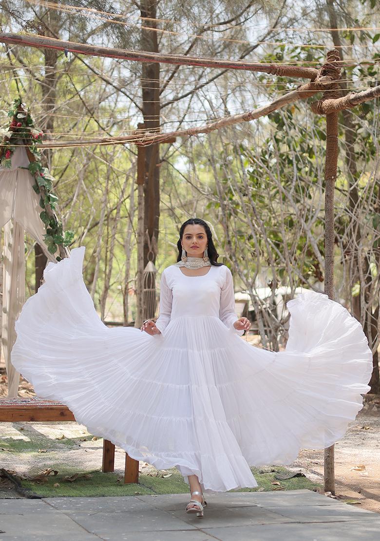 White Sequin Embroidered Georgette Gown With Dupatta