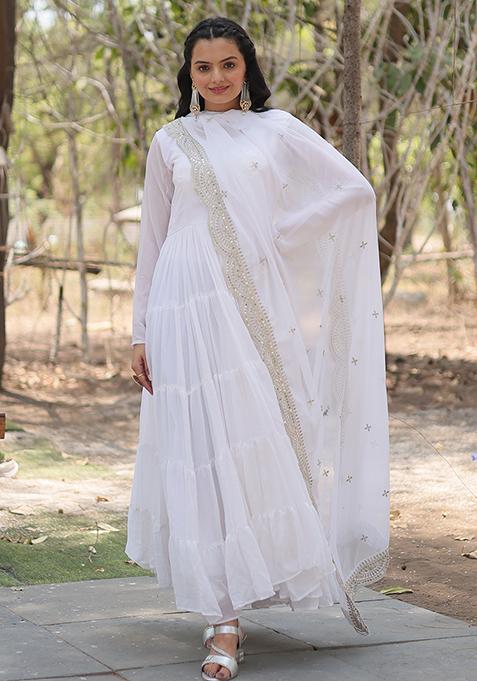 White Sequin Embroidered Georgette Gown With Dupatta