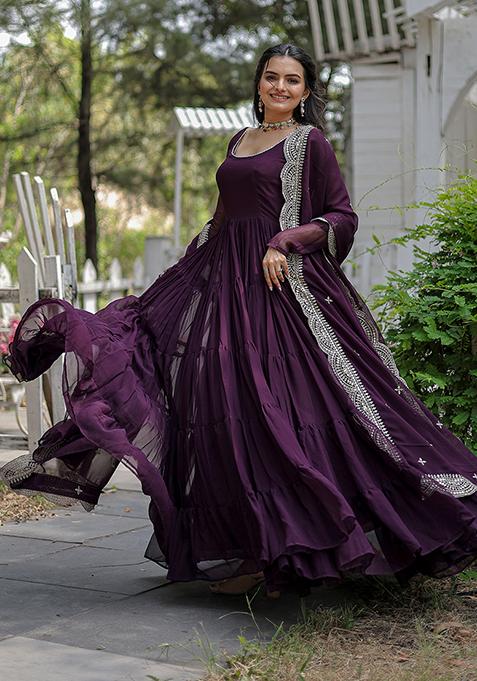 Wine Sequin Embroidered Georgette Gown With Dupatta