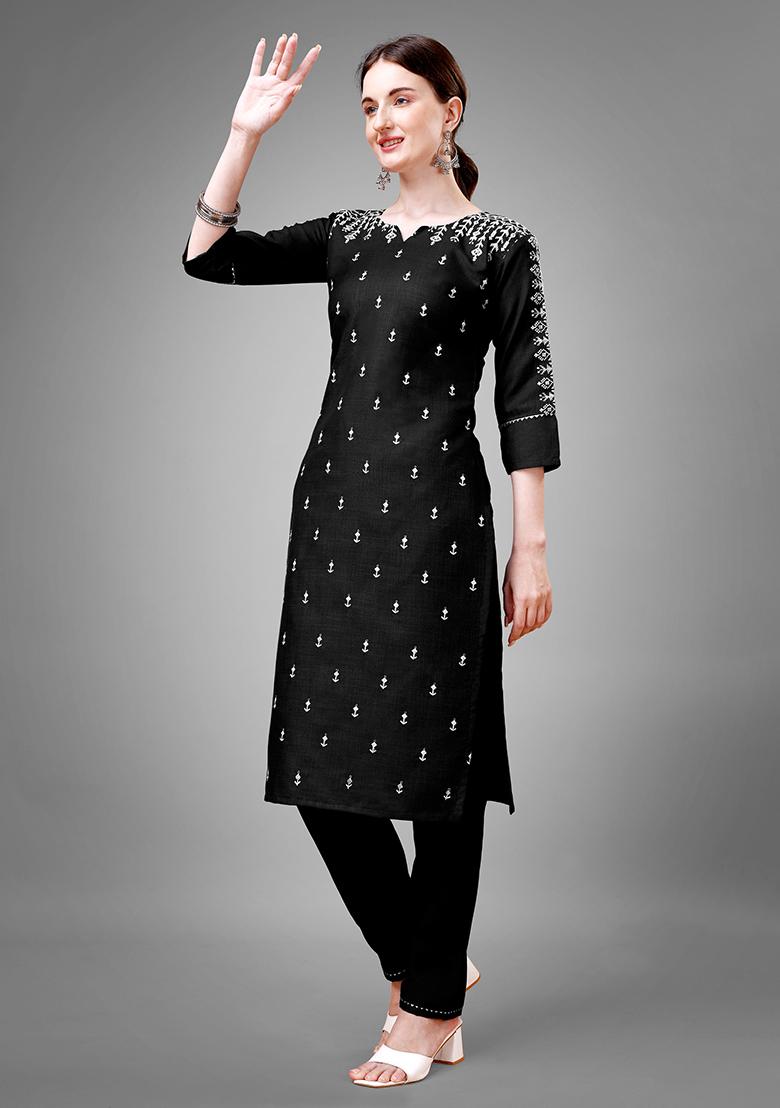 Black Zari Embroidered Cotton Kurta Set - Indya