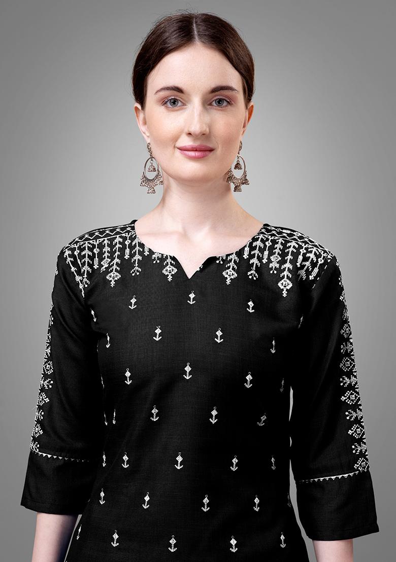 Black Zari Embroidered Cotton Kurta Set - Indya