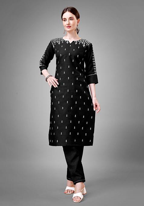 Black Zari Embroidered Cotton Kurta Set