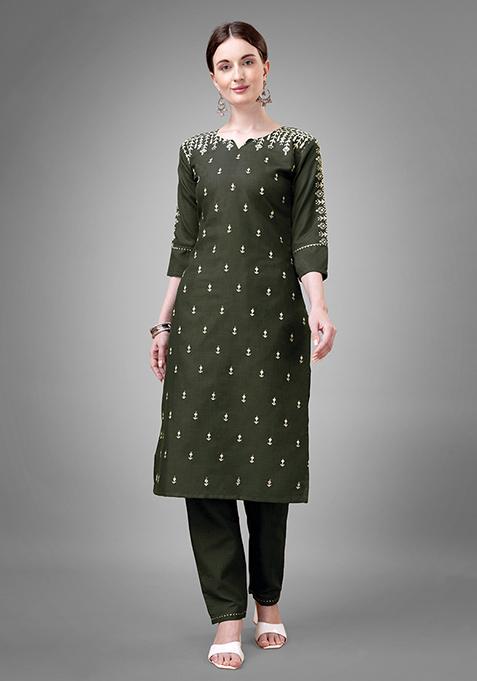 Green Zari Embroidered Cotton Kurta Set