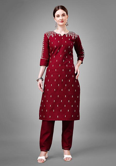 Maroon Zari Embroidered Cotton Kurta Set