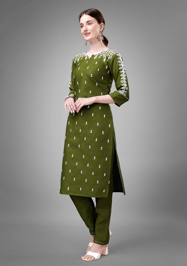 Green Zari Embroidered Cotton Kurta Set