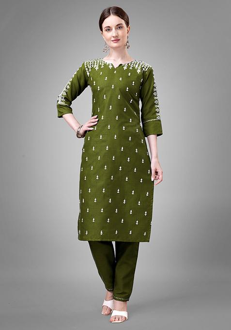 Green Zari Embroidered Cotton Kurta Set