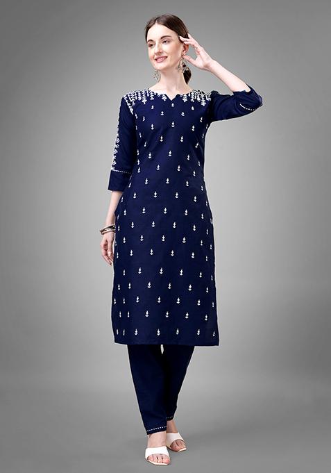 Navy Blue Zari Embroidered Cotton Kurta Set