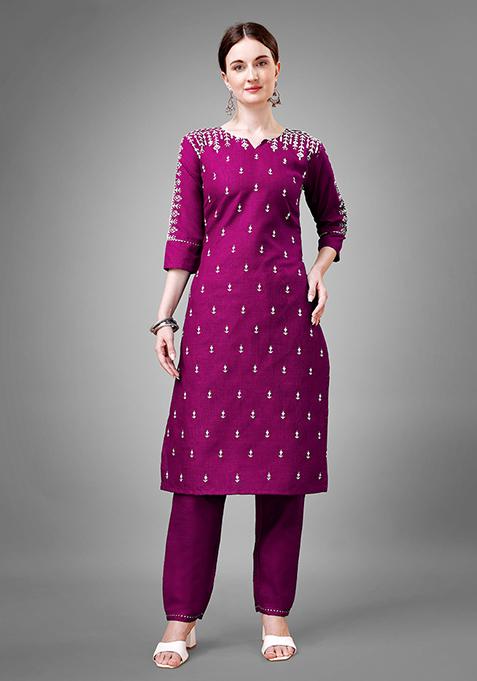 Purple Zari Embroidered Cotton Kurta Set