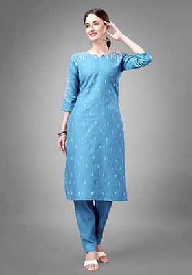 Sky Blue Zari Embroidered Cotton Kurta Set