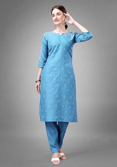 Sky Blue Zari Embroidered Cotton Kurta Set