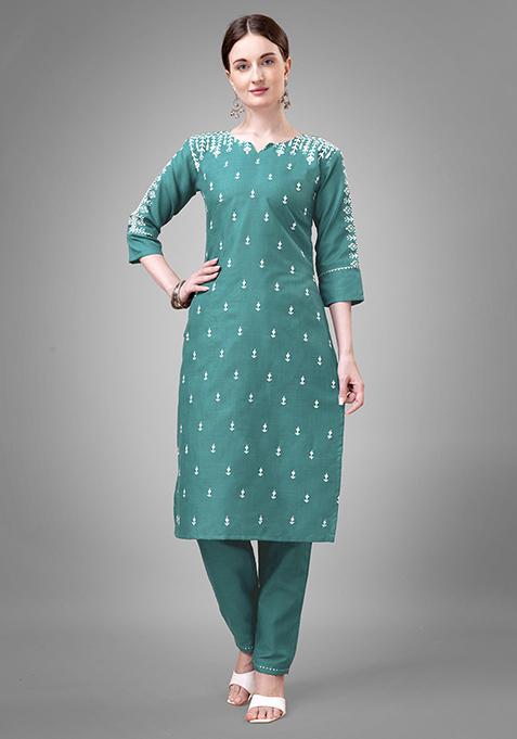 Teal Blue Zari Embroidered Cotton Kurta Set