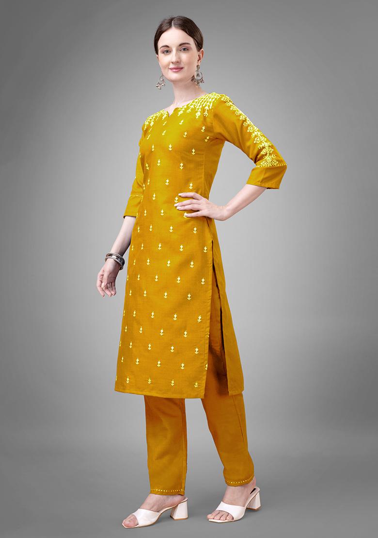 Yellow Zari Embroidered Cotton Kurta Set