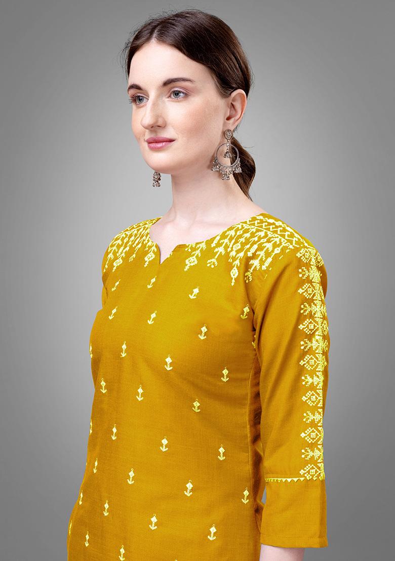 Yellow Zari Embroidered Cotton Kurta Set