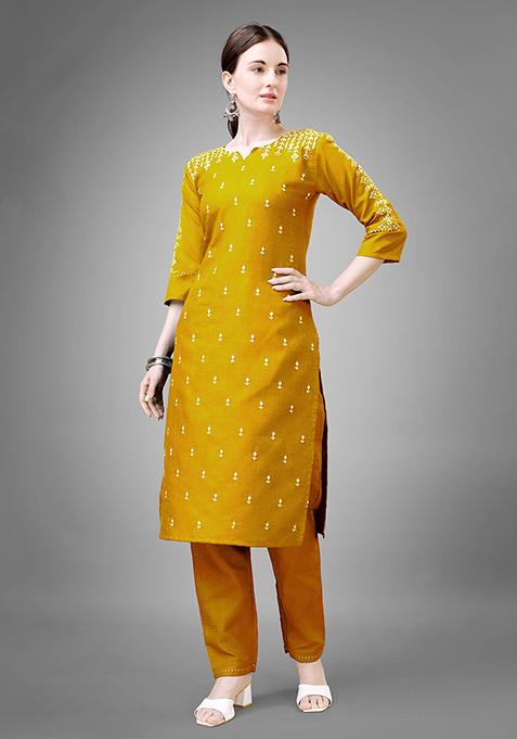 Yellow Zari Embroidered Cotton Kurta Set