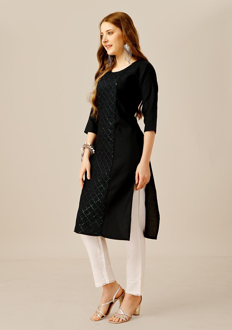 Black Sequin Embroidered Cotton Kurta Set - Indya
