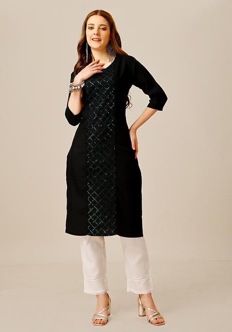 Black Sequin Embroidered Cotton Kurta Set