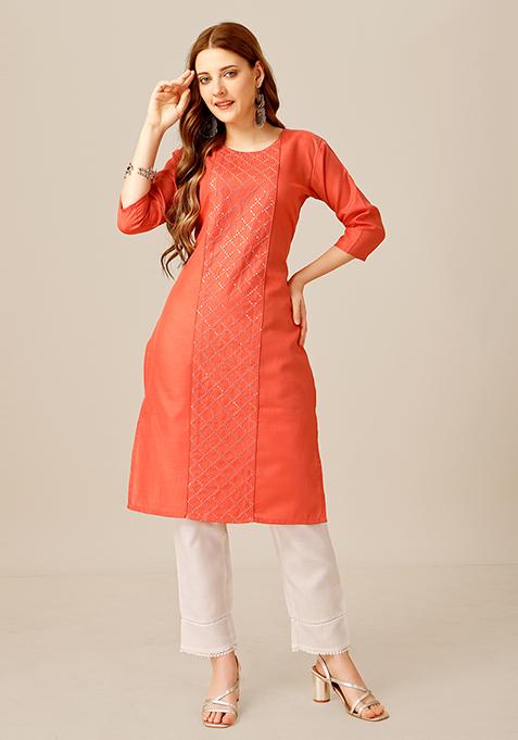 Red Sequin Embroidered Cotton Kurta Set