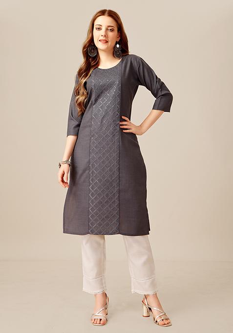 Grey Sequin Embroidered Cotton Kurta Set