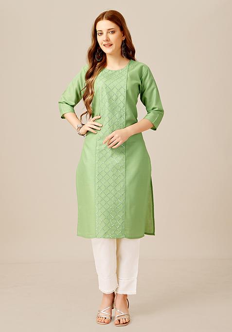 Green Sequin Embroidered Cotton Kurta Set