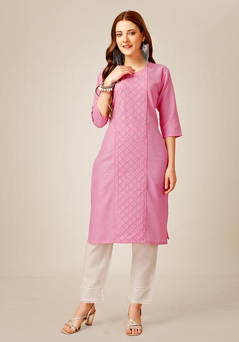 Pink Sequin Embroidered Cotton Kurta Set