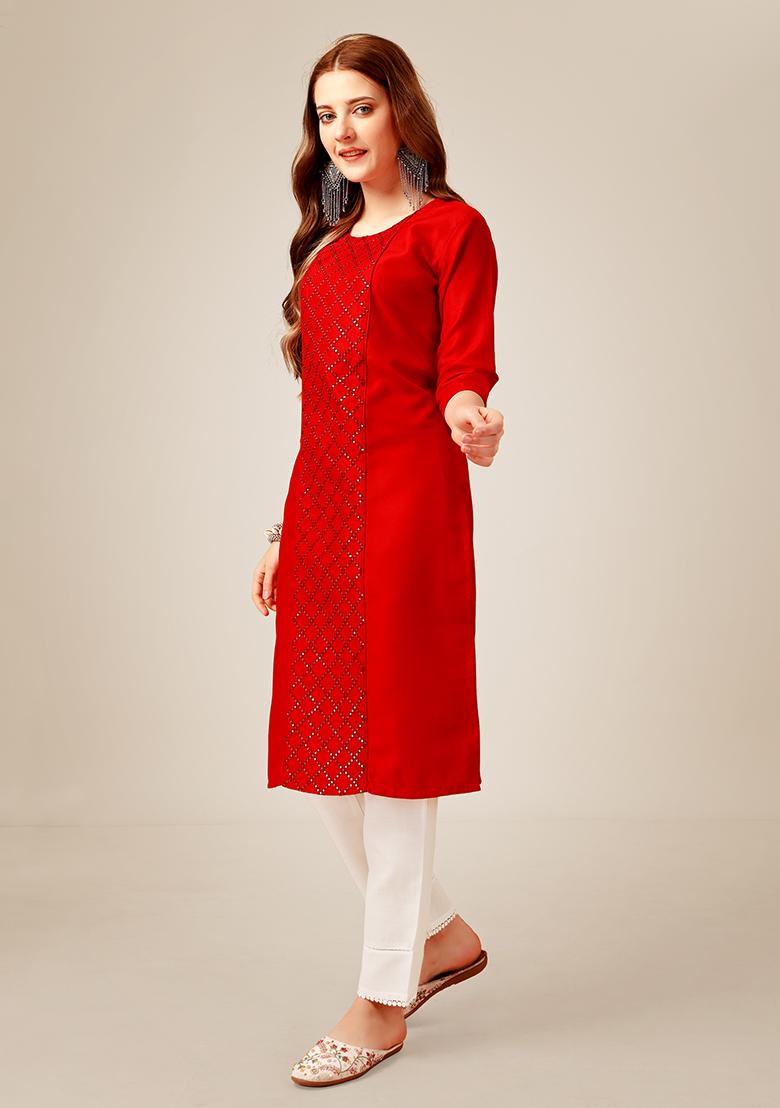 Red Sequin Embroidered Cotton Kurta Set