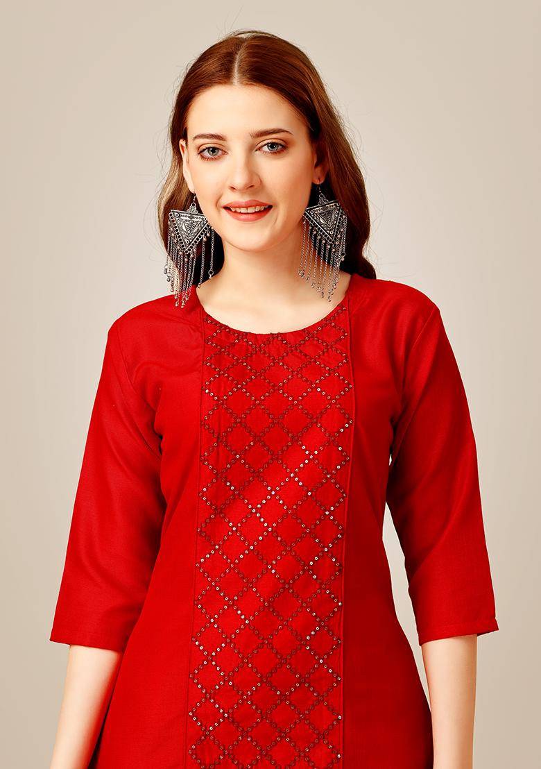 Red Sequin Embroidered Cotton Kurta Set