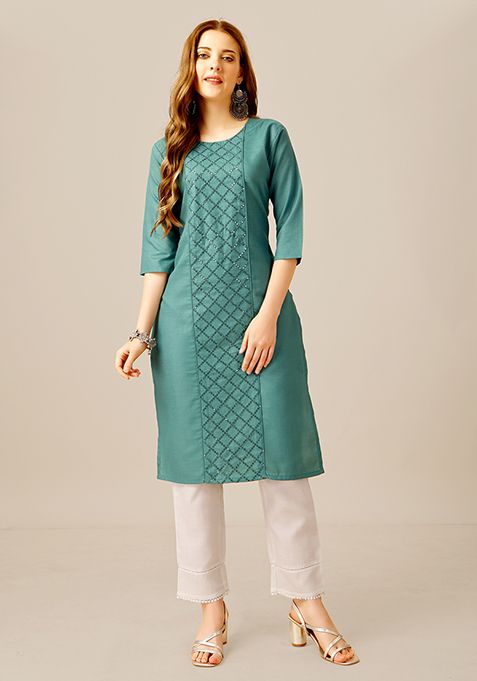 Teal Blue Sequin Embroidered Cotton Kurta Set