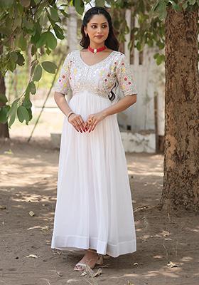 White Abstract Print Georgette Gown