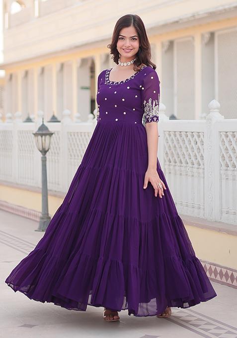 Purple Sequin Embroidered Georgette Gown