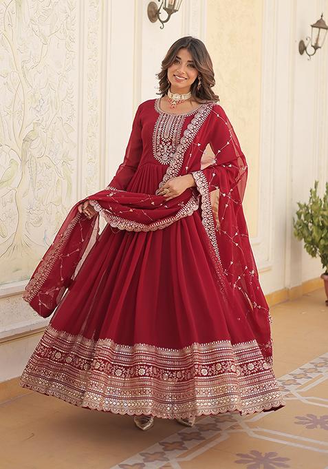 Maroon Sequin Embroidered Georgette Gown With Dupatta