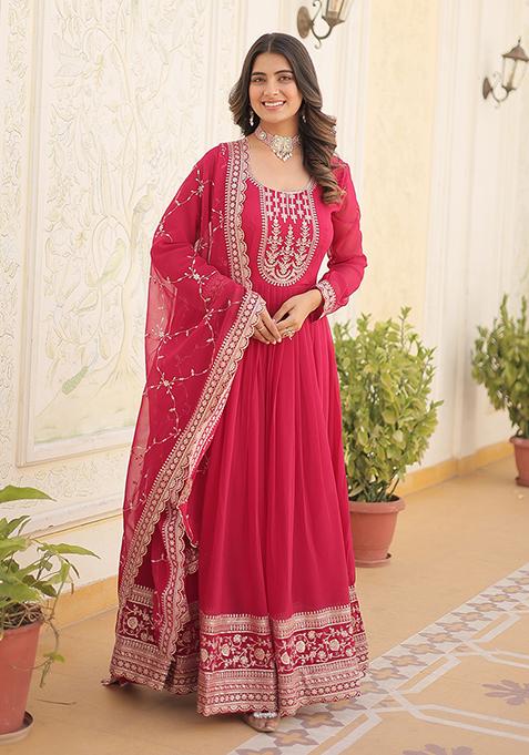 Pink Sequin Embroidered Georgette Gown With Dupatta