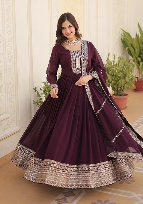 Wine Sequin Embroidered Georgette Gown With Dupatta