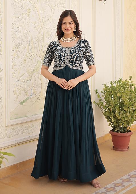 Green Sequin Embroidered Georgette Gown