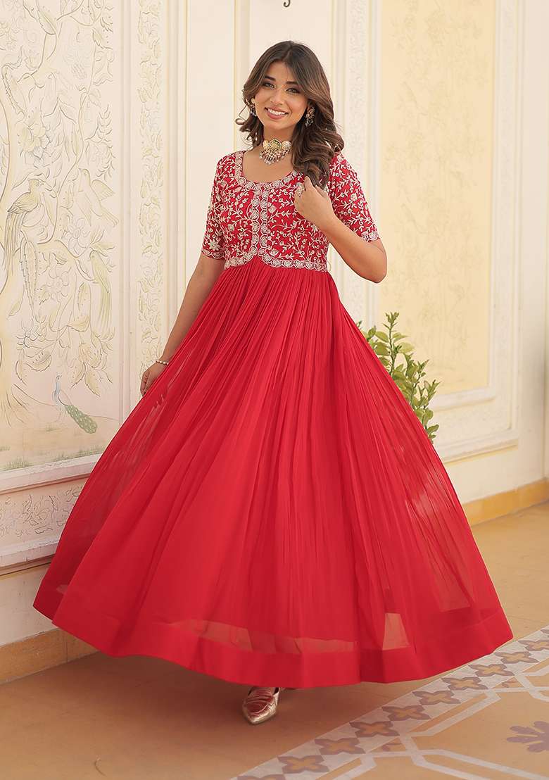 Red Sequin Embroidered Georgette Gown - Indya
