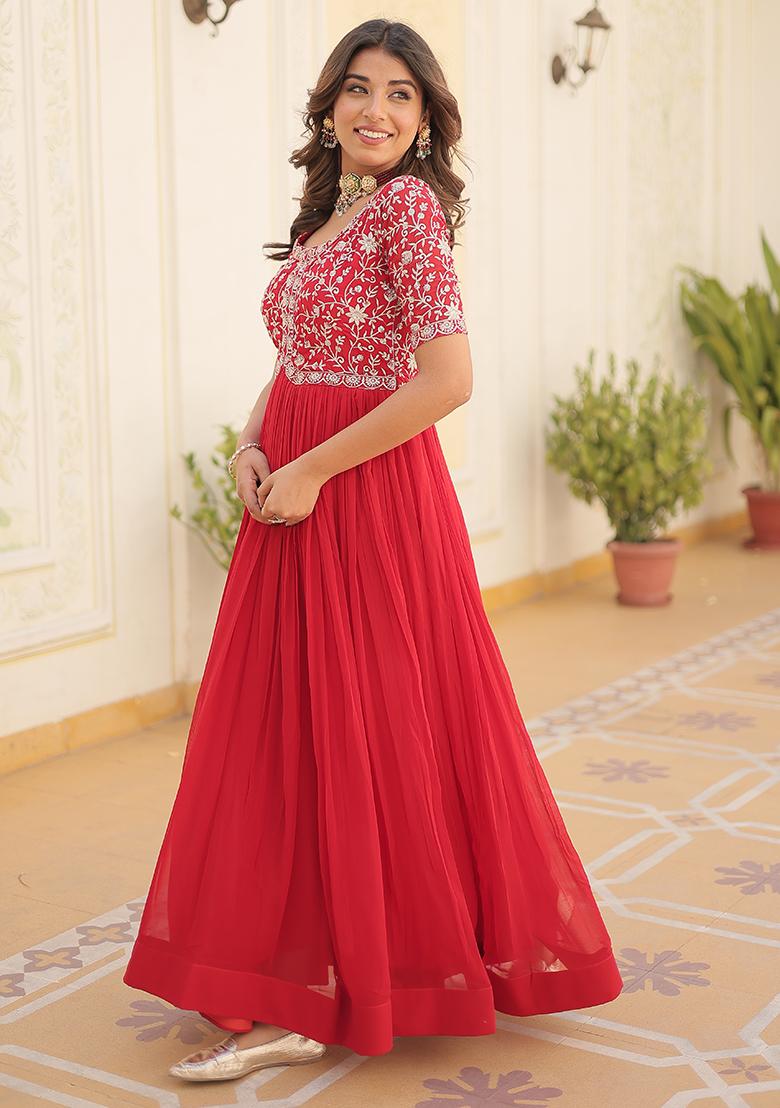 Red Sequin Embroidered Georgette Gown