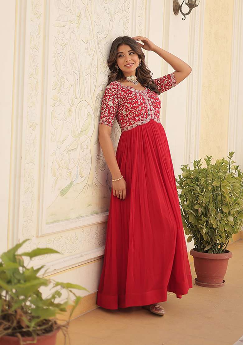 Red Sequin Embroidered Georgette Gown - Indya