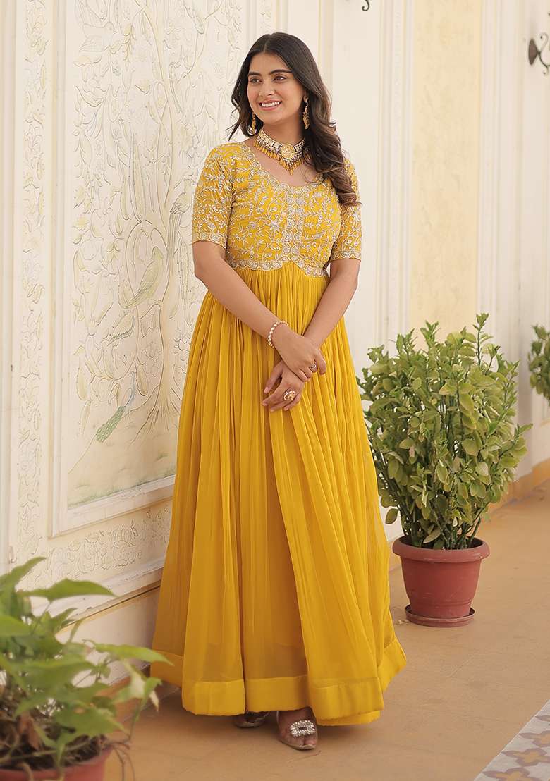 Yellow Sequin Embroidered Georgette Gown - Indya