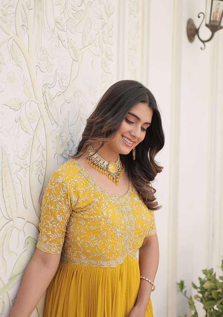 Yellow Sequin Embroidered Georgette Gown - Indya