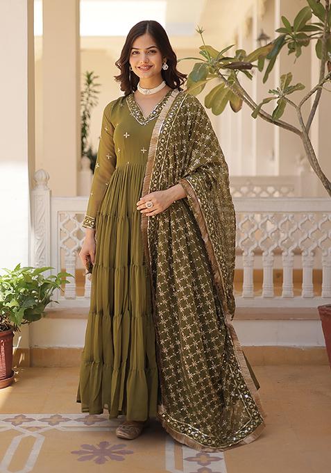 Green Sequin Embroidered Georgette Gown With Dupatta