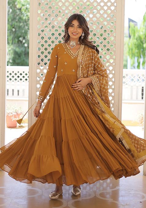 Yellow Sequin Embroidered Georgette Gown With Dupatta